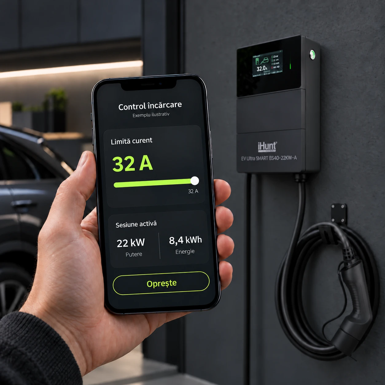 Controlul încărcării din telefon, ilustrat cu 22 kW și curent setat la 32 A