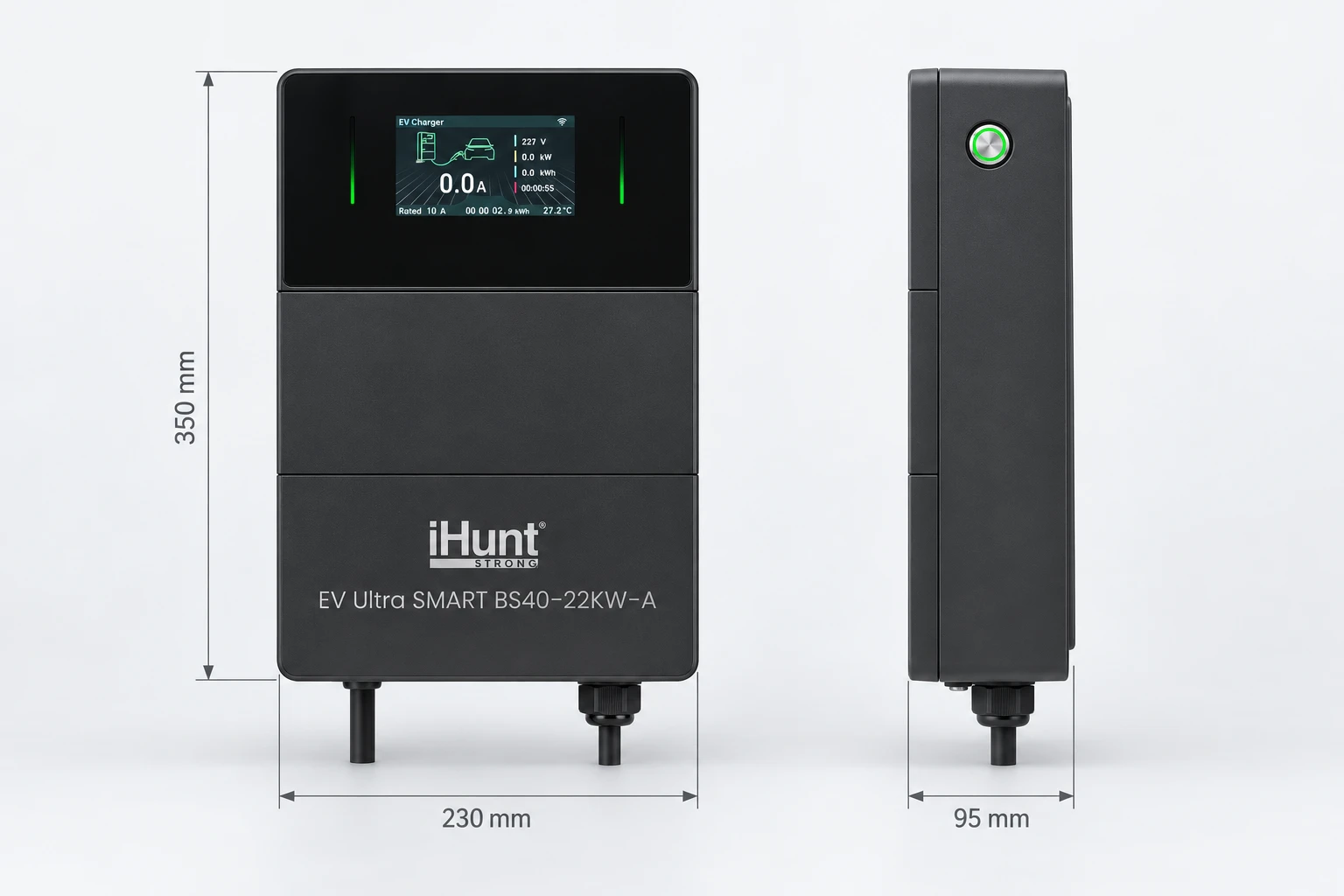 Vedere frontală și laterală iHunt BS40: înălțime 350 mm, lățime 230 mm, adâncime 95 mm