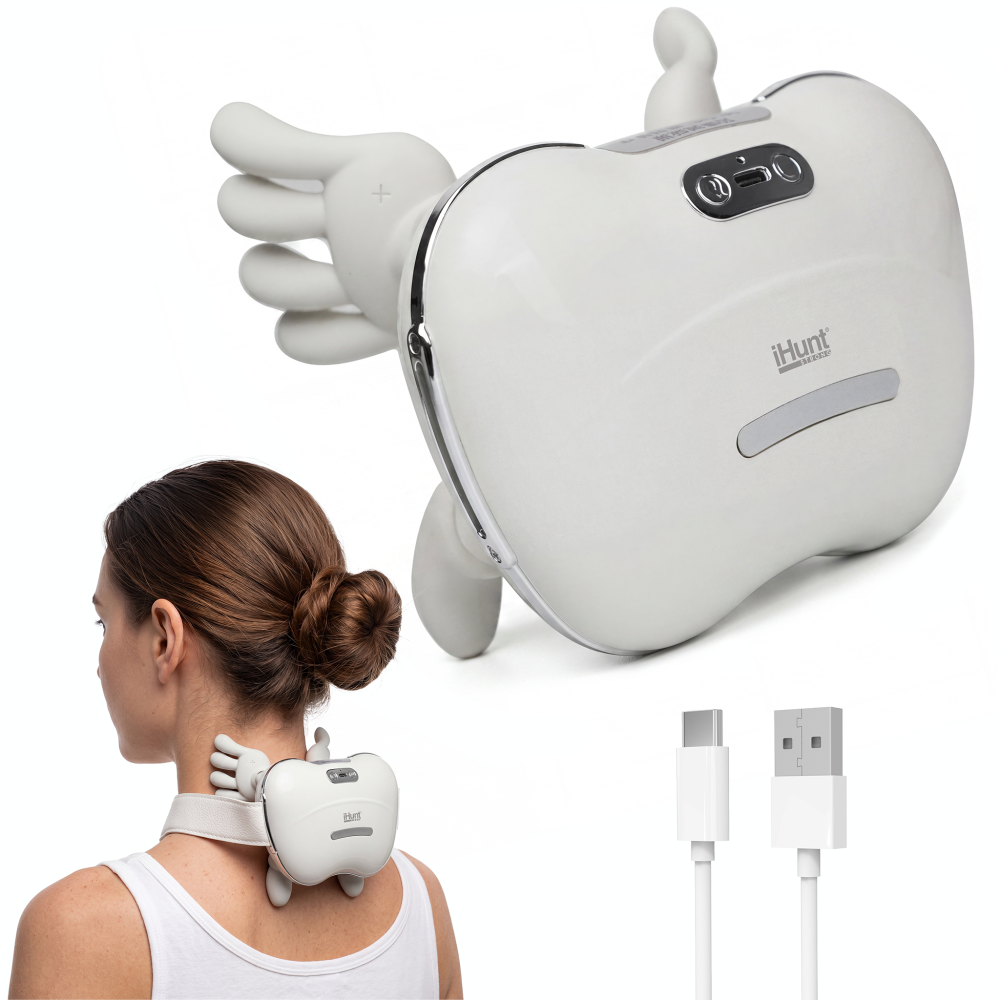 Aparat de masaj cervical si umeri iHunt SPA HandTouch Neck 3D, Tehnologie masaj bionic imitare maini umane, Incalzire, Reincarcabil, Alb