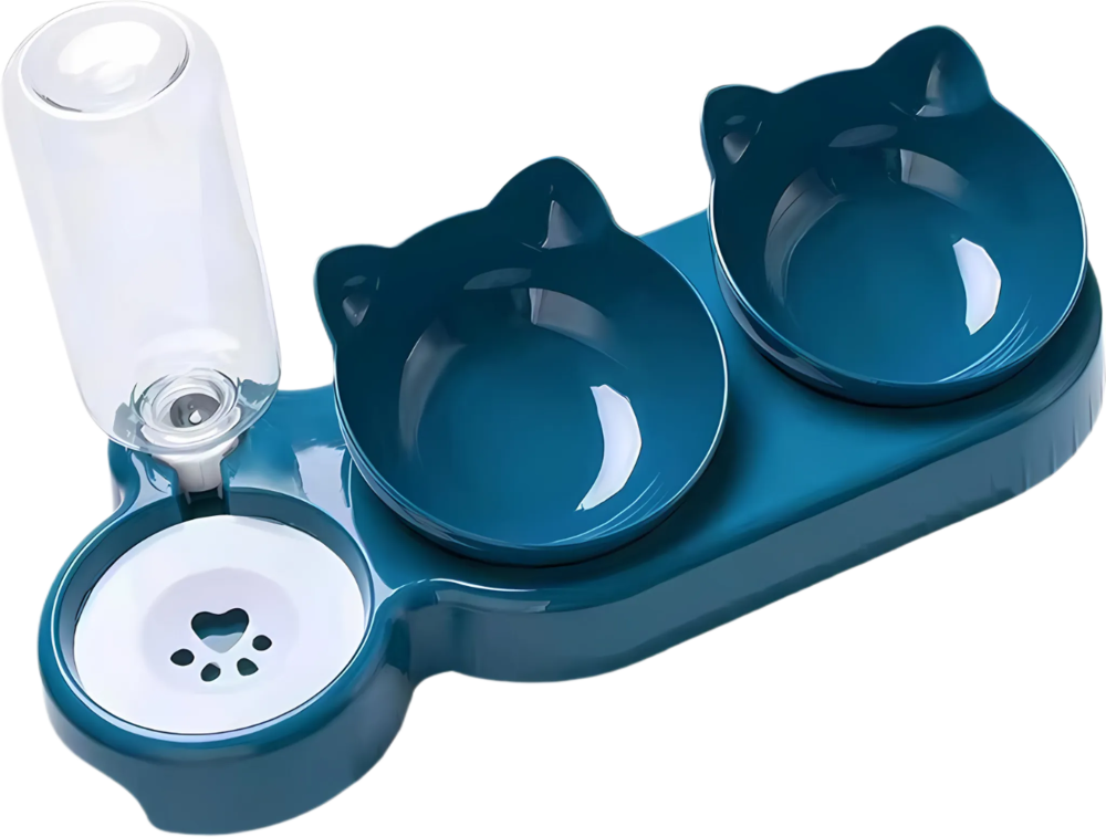 Set Multifunctional 3 in 1 pentru Hrana si Apa, Bol dublu pentru pisici si caini de talie mica, Disperser automat de apa 500ml, Suport ergonomic inclinat pentru protectia coloanei, Blue