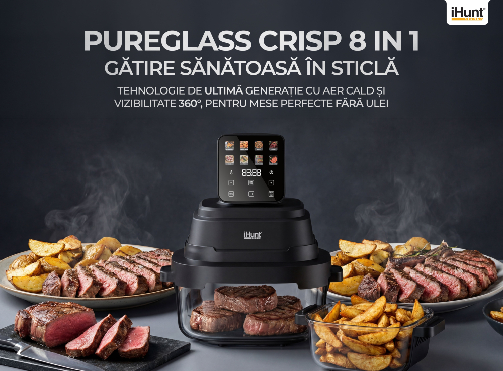 Friteuză cu aer cald iHunt PureGlass Crisp 8 în 1, Gătire Sănătoasă, 1500W, Vase Modulare din Sticlă Borosilicată 4L + 1.5L, Capace de Sigilare, Compactă [2]