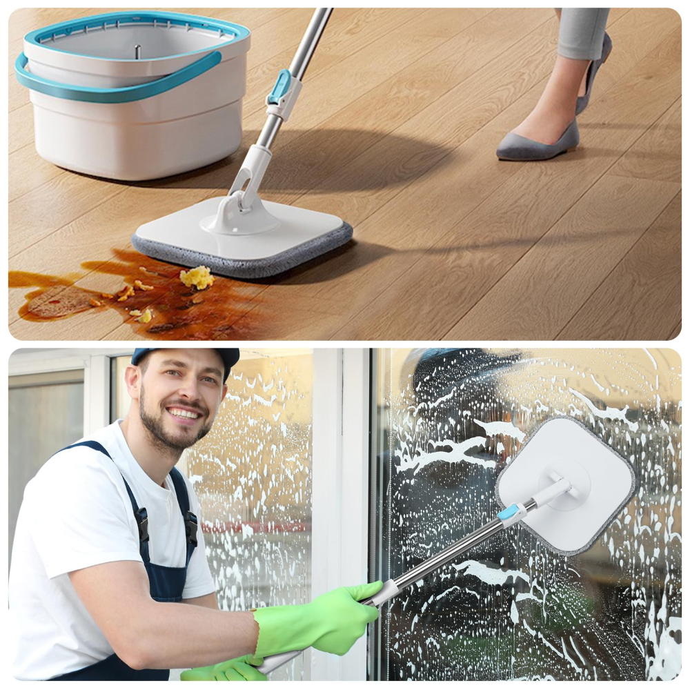 Mop Rotativ 360° cu Galeata, Sistem Clatire Automata si Separare Apa Curata si Murdara, Maner Telescopic Otel Inoxidabil, Microfibra, 135cm, Gri [8]