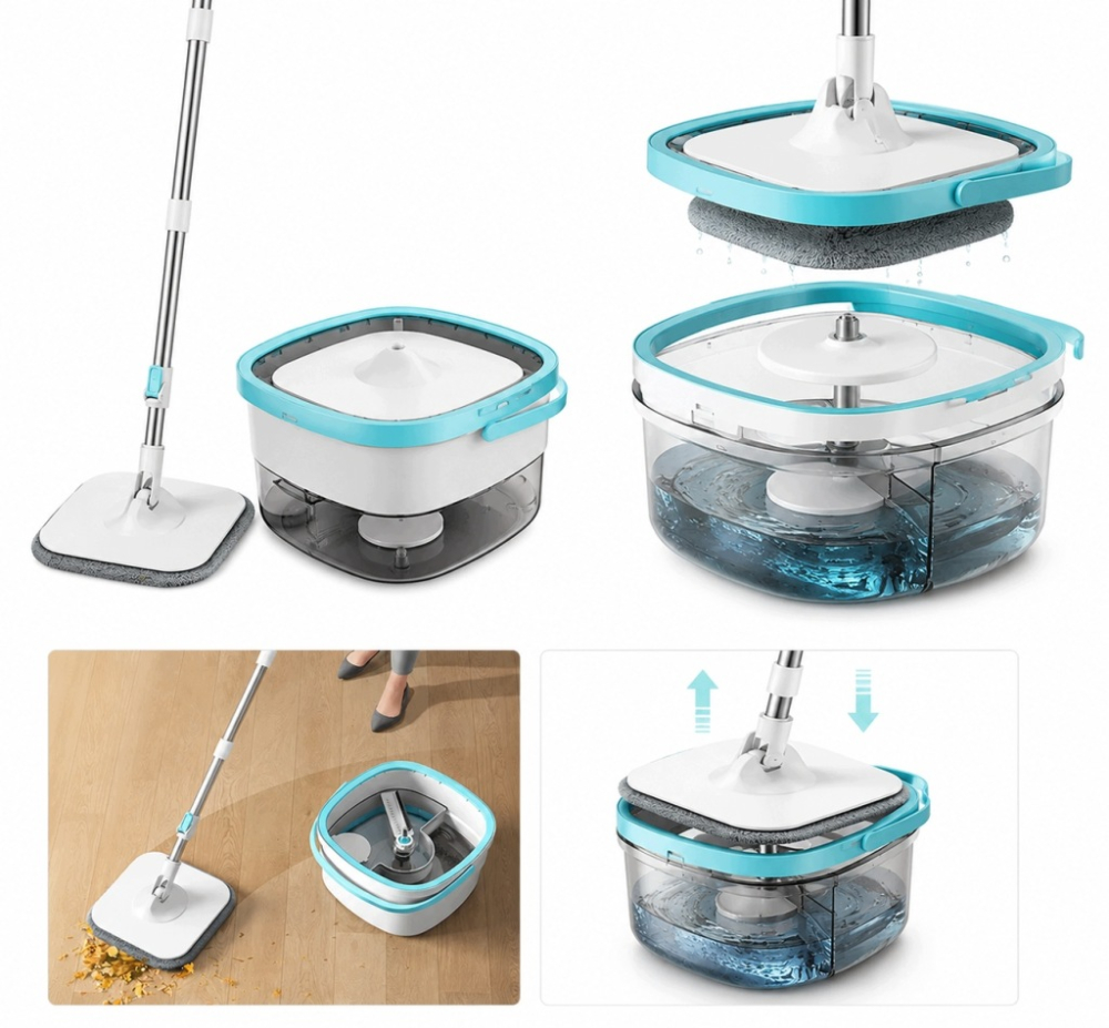 Mop Rotativ 360° cu Galeata, Sistem Clatire Automata si Separare Apa Curata si Murdara, Maner Telescopic Otel Inoxidabil, Microfibra, 135cm, Gri [2]