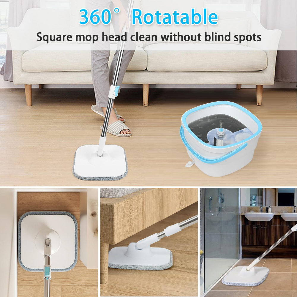 Mop Rotativ 360° cu Galeata, Sistem Clatire Automata si Separare Apa Curata si Murdara, Maner Telescopic Otel Inoxidabil, Microfibra, 135cm, Gri [4]