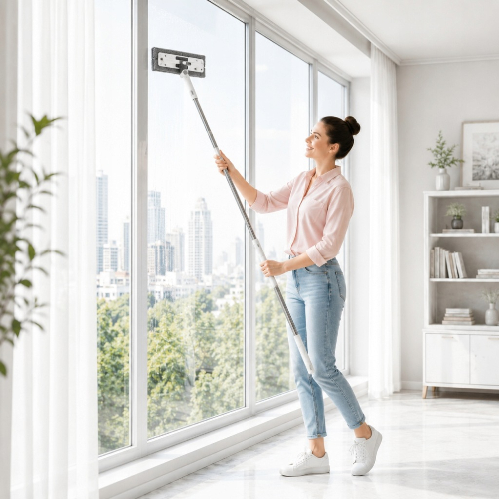 Curățător Geamuri 2 în 1 cu Mâner Telescopic 150 cm, Racletă și Lavetă din Microfibră, Cap Rotativ, pentru Ferestre, Oglinzi și Cabine de Duș, Alb/Gri [4]