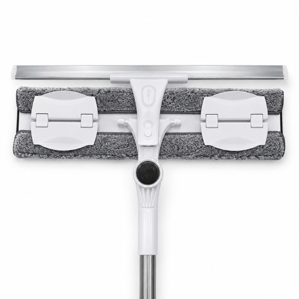 Curățător Geamuri 2 în 1 cu Mâner Telescopic 150 cm, Racletă și Lavetă din Microfibră, Cap Rotativ, pentru Ferestre, Oglinzi și Cabine de Duș, Alb/Gri [6]