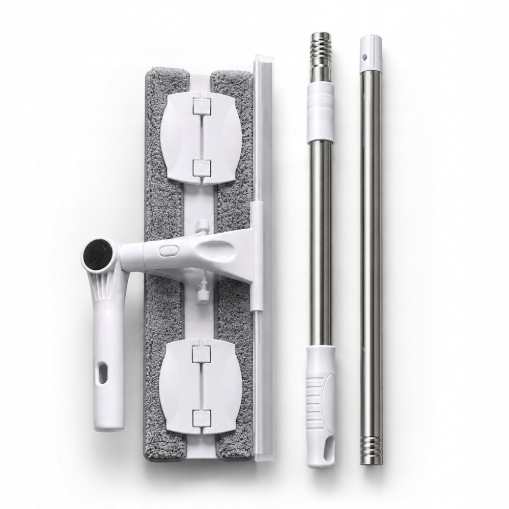 Curățător Geamuri 2 în 1 cu Mâner Telescopic 150 cm, Racletă și Lavetă din Microfibră, Cap Rotativ, pentru Ferestre, Oglinzi și Cabine de Duș, Alb/Gri [3]