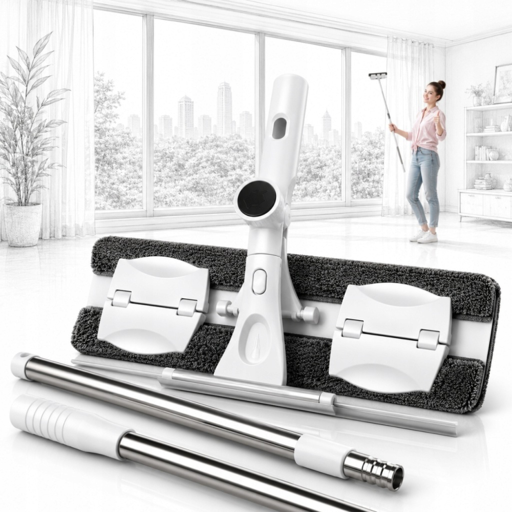 Curățător Geamuri 2 în 1 cu Mâner Telescopic 150 cm, Racletă și Lavetă din Microfibră, Cap Rotativ, pentru Ferestre, Oglinzi și Cabine de Duș, Alb/Gri [5]
