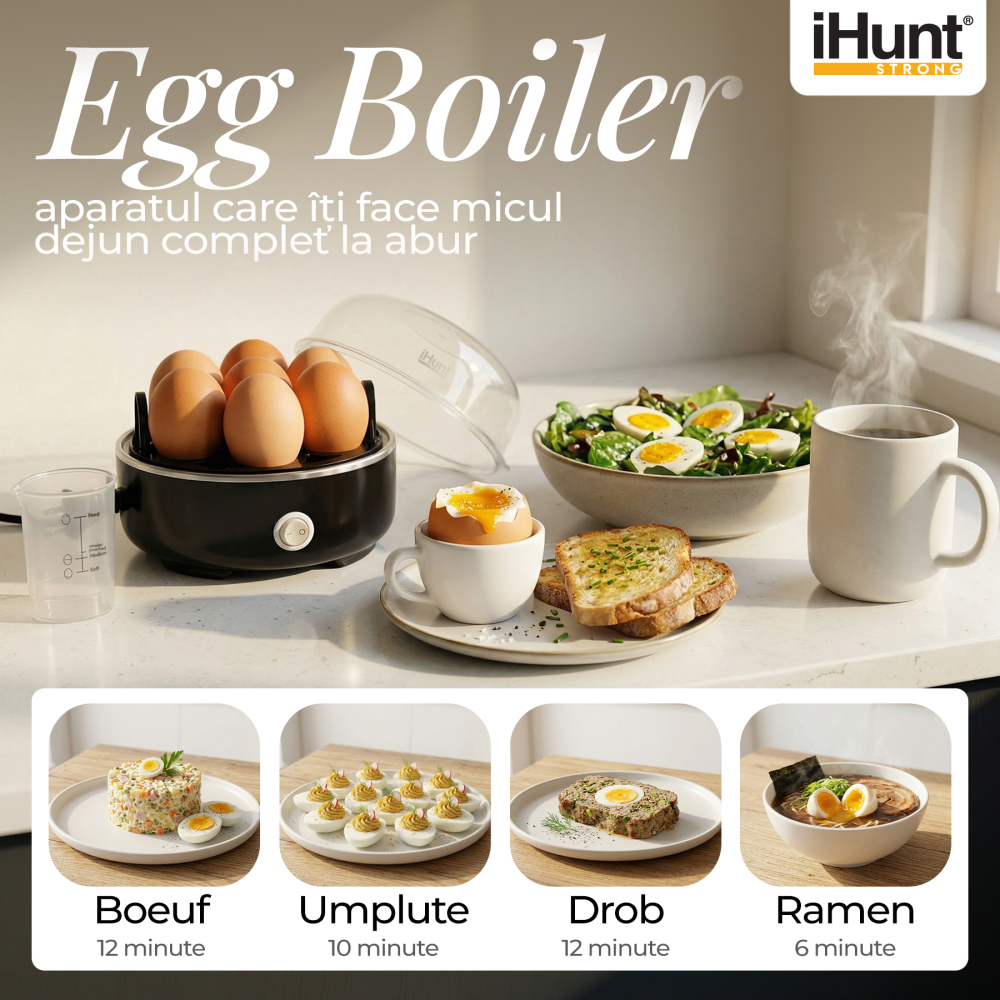 Fierbător ouă iHunt BRO Egg Boiler, Capacitate 7 ouă, Bază Inox, Oprire Automată, Alertă Sonoră, Tăvițe Non-stick, Fără BPA [2]