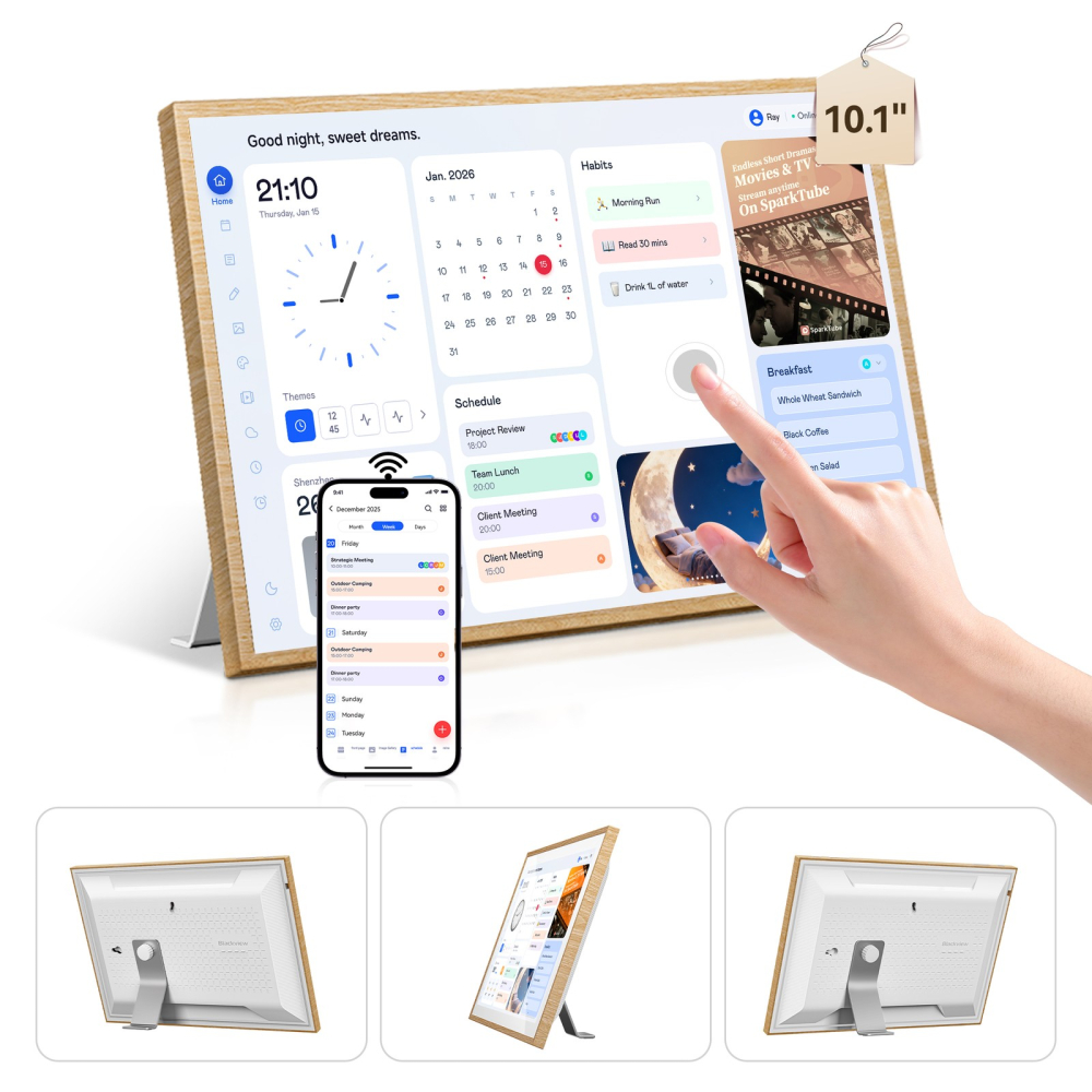 Hub familial inteligent Blackview NEST 10, Wi-Fi 6, 10.1" Touchscreen HD+, Quad-Core, 2GB RAM, 32GB, Rama Foto, Smart Calendar, Sincronizare Google / iCloud / iFrameo, MicroSD, Difuzor, Lemn Natural [2]