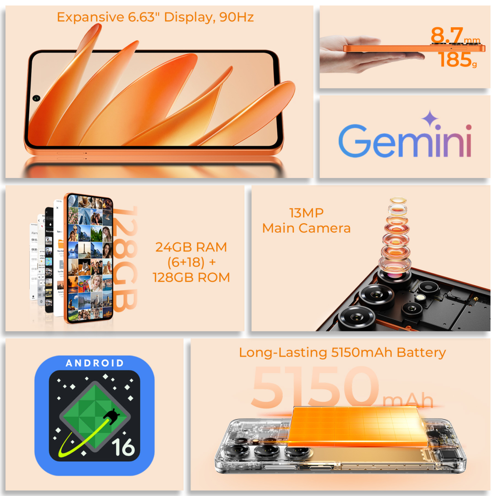 Telefon Oukitel C26, 4G, Dual SIM, 6.63" 90Hz, Octa-Core T615, 6GB RAM, 128GB, 5150mAh, Android 16, Orange [9]