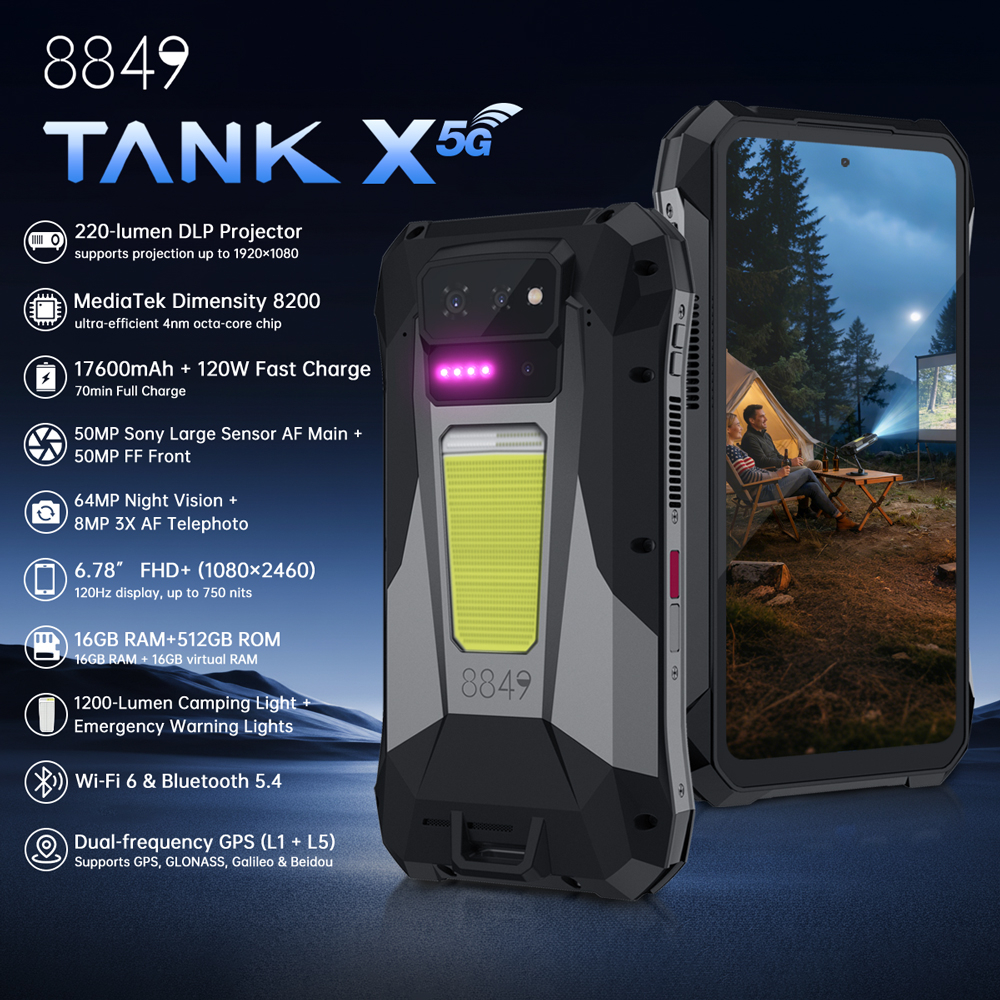 Telefon rugged Unihertz 8849 Tank X, 5G, Proiector Video Full HD, 6.78" 120Hz, Dimensity 8200, 16GB RAM, 512GB, NFC, 17600mAh, Android 15 [7]