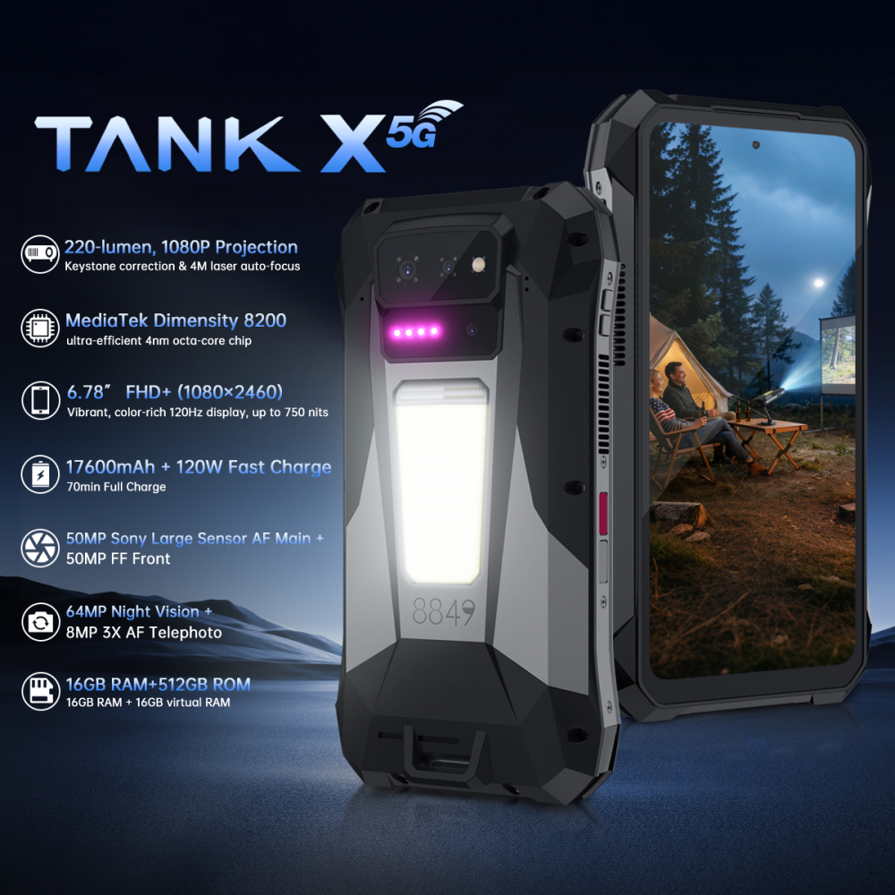 Resigilat telefon Unihertz 8849 Tank X, 5G, Proiector Video Full HD, 6.78" 120Hz, Dimensity 8200, 16GB RAM, 512GB, NFC, 17600mAh, Android 15 [9]