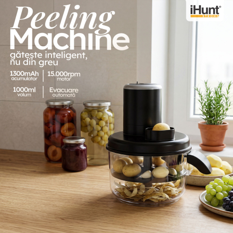 iHunt Bro Peeling Machine, Aparat Electric Automat pentru Decojit Fructe și Legume, 6 Lame Inox, 50W, Acumulator 1300mAh, Fără Fir, Negru [1]