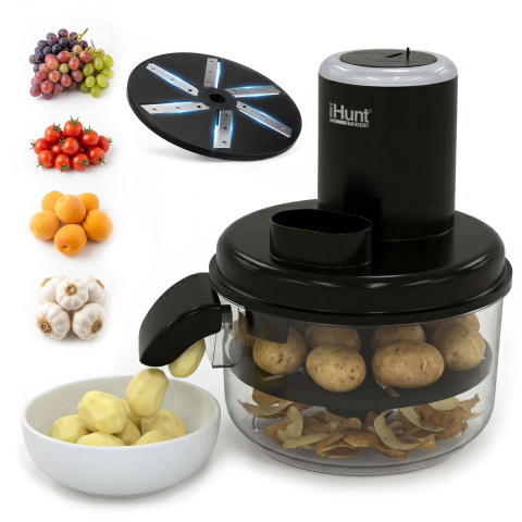 Blender - iHunt Bro Peeling Machine, Aparat Electric Automat pentru Decojit Fructe și Legume, 6 Lame Inox, 50W, Acumulator 1300mAh, Fără Fir, Negru