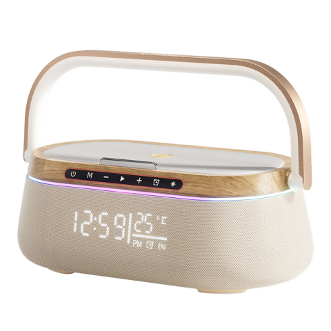 Boxe Portabile - iHunt BedSide 9-in-1 Boxa Hi-Fi Bluetooth, Ceas cu Alarma si Temperatura, Incarcator Wireless, Ambient RGB Light, Lemn Premium