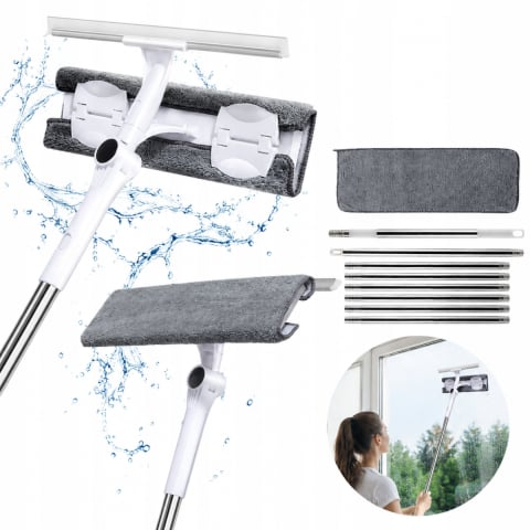 Curatenie si Depozitare - Curățător Geamuri 2 în 1 cu Mâner Telescopic 150 cm, Racletă și Lavetă din Microfibră, Cap Rotativ, pentru Ferestre, Oglinzi și Cabine de Duș, Alb/Gri