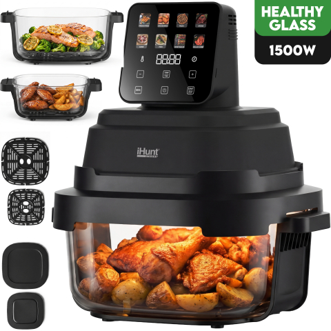 ⭐ RESIGILATE - Resigilat friteuză iHunt PureGlass Crisp 8 în 1, 1500W, Vase Sticlă Borosilicată 4L + 1.5L