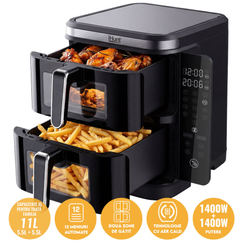 ELECTROCASNICE - Friteuza cu aer cald iHunt Bro Air Fryer 11L Dual Stack