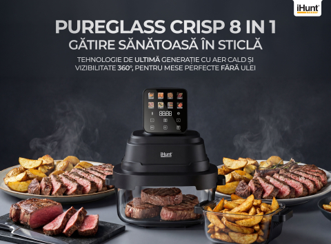 Friteuză cu aer cald iHunt PureGlass Crisp 8 în 1, Gătire Sănătoasă, 1500W, Vase Modulare din Sticlă Borosilicată 4L + 1.5L, Capace de Sigilare, Compactă [1]