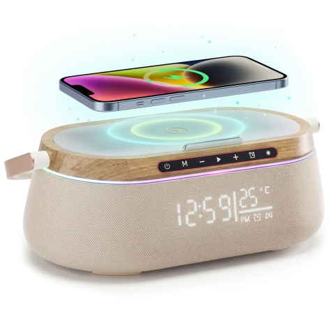 Boxe Portabile - iHunt BedSide 9-in-1 Boxa Hi-Fi Bluetooth, Ceas cu Alarma si Temperatura, Incarcator Wireless, Ambient RGB Light, Lemn Premium