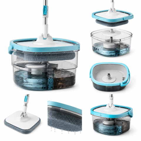 Mop Rotativ 360° cu Galeata, Sistem Clatire Automata si Separare Apa Curata si Murdara, Maner Telescopic Otel Inoxidabil, Microfibra, 135cm, Gri [8]