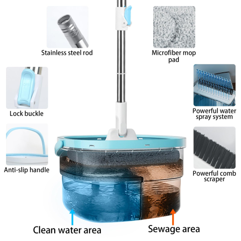 Mop Rotativ 360° cu Galeata, Sistem Clatire Automata si Separare Apa Curata si Murdara, Maner Telescopic Otel Inoxidabil, Microfibra, 135cm, Gri [5]