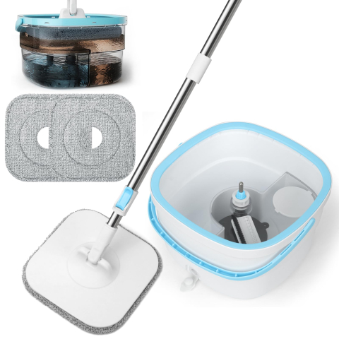 CASA, GRADINA SI BRICOLAJ - Mop Rotativ 360° cu Galeata, Sistem Clatire Automata si Separare Apa Curata si Murdara, Maner Telescopic Otel Inoxidabil, Microfibra, 135cm, Gri