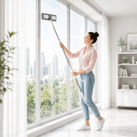 Curățător Geamuri 2 în 1 cu Mâner Telescopic 150 cm, Racletă și Lavetă din Microfibră, Cap Rotativ, pentru Ferestre, Oglinzi și Cabine de Duș, Alb/Gri [3]