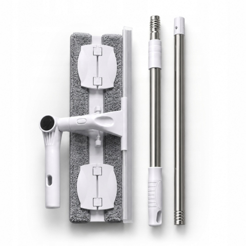 Curățător Geamuri 2 în 1 cu Mâner Telescopic 150 cm, Racletă și Lavetă din Microfibră, Cap Rotativ, pentru Ferestre, Oglinzi și Cabine de Duș, Alb/Gri [2]