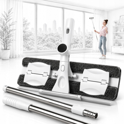 Curățător Geamuri 2 în 1 cu Mâner Telescopic 150 cm, Racletă și Lavetă din Microfibră, Cap Rotativ, pentru Ferestre, Oglinzi și Cabine de Duș, Alb/Gri [4]