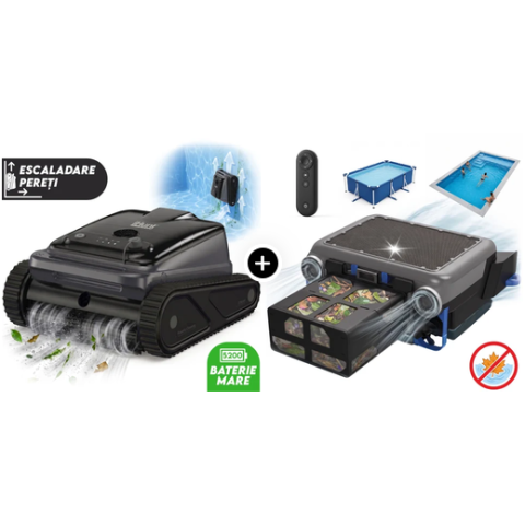 ELECTROCASNICE - Pachet complet piscina: Robot curatare iHunt BRO Robo Pool SUPREME 110W + iHunt BRO Robo Skimmer Solar pentru Linia Apa Piscina