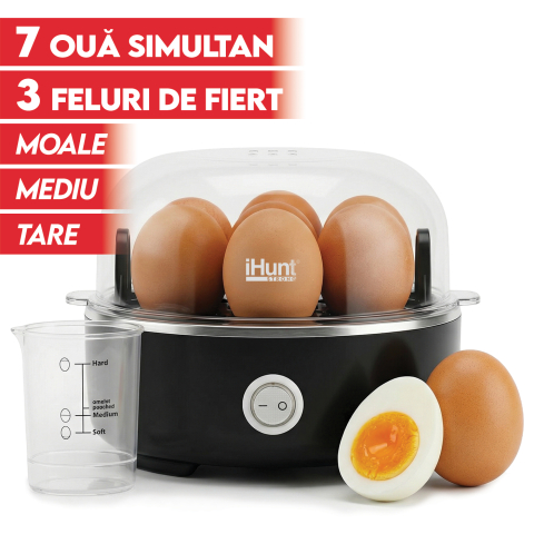 Gătit cu Aburi - Fierbător ouă iHunt BRO Egg Boiler, Capacitate 7 ouă, Bază Inox, Oprire Automată, Alertă Sonoră, Tăvițe Non-stick, Fără BPA