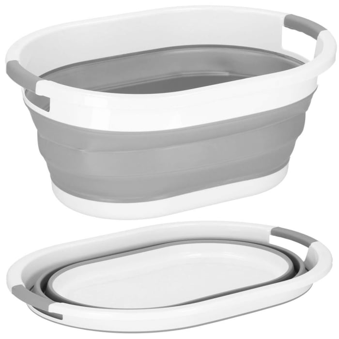 Cos de rufe pliabil tip lighean, cu manere, din plastic si silicon, 54x38x23cm, 24litri, gri [17]