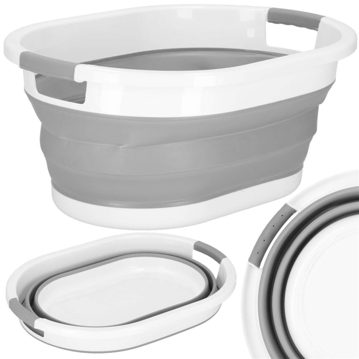 Cos de rufe pliabil tip lighean, cu manere, din plastic si silicon, 54x38x23cm, 24litri, gri [14]