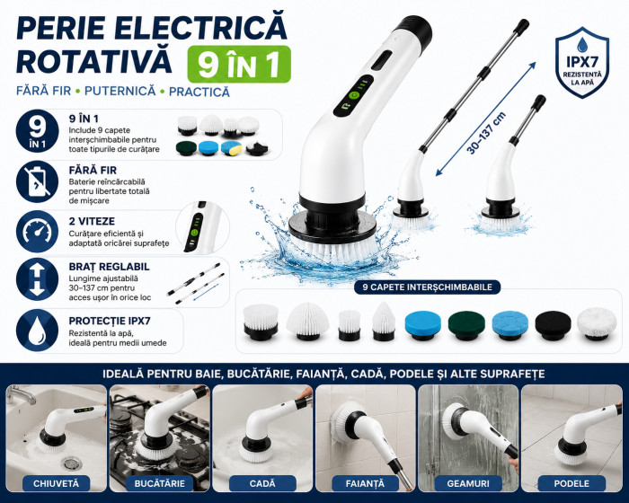 Perie de Curatat Electrica Rotativa 9 in 1 , Fara Fir, Brat Reglabil, Capete de Perie Inlocuibile pentru baie si bucatarie [2]