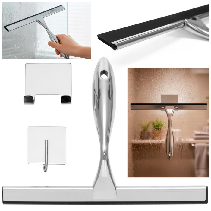 Racleta pentru baie din inox cu suport adeziv, lama 25 cm, finisaj lucios argintiu [3]
