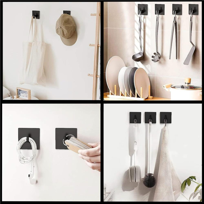 Set 4 agatatori tip cuier pentru baie, sistem fixare inclus, aluminiu, negru [15]