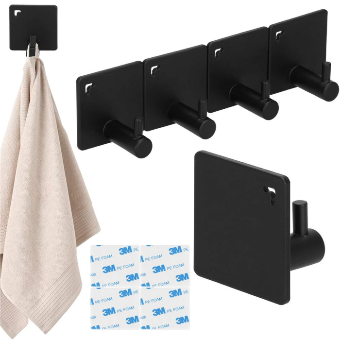 Set 4 agatatori tip cuier pentru baie, sistem fixare inclus, aluminiu, negru [8]