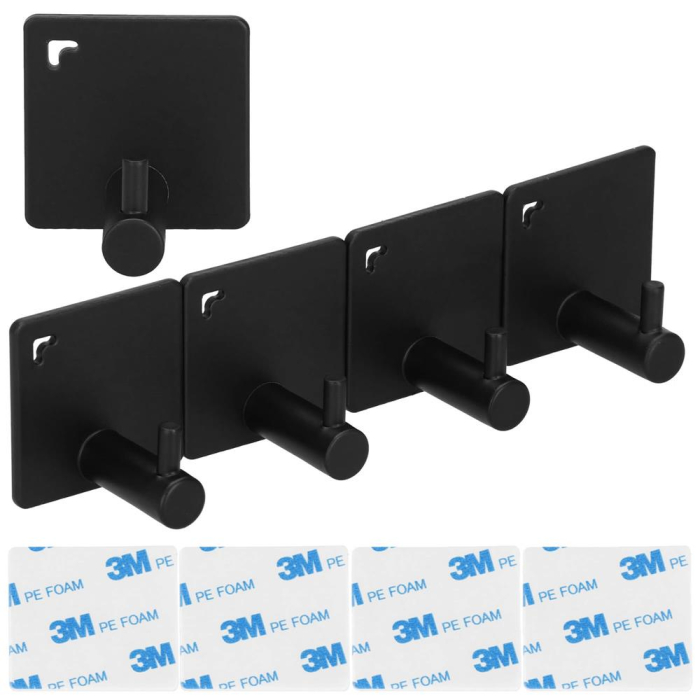 Set 4 agatatori tip cuier pentru baie, sistem fixare inclus, aluminiu, negru [18]