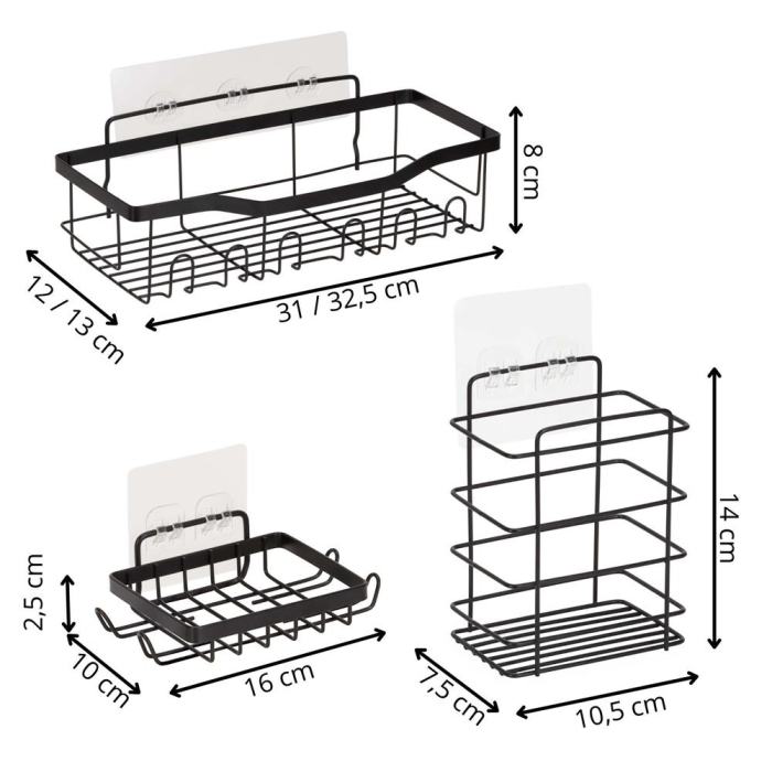 Set 5 polite metalice pentru dus cu montaj autoadeziv, inox, negru mat [20]