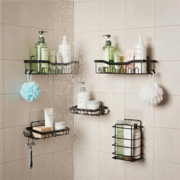 Set 5 polite metalice pentru dus cu montaj autoadeziv, inox, negru mat [11]
