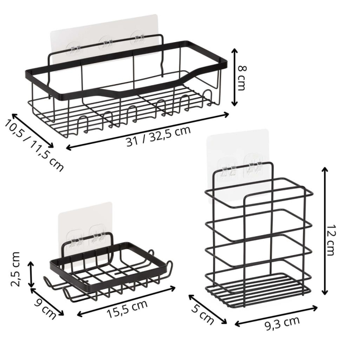 Set 5 polite metalice pentru dus cu montaj autoadeziv, inox, negru mat [18]