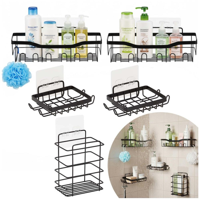 Set 5 polite metalice pentru dus cu montaj autoadeziv, inox, negru mat [3]