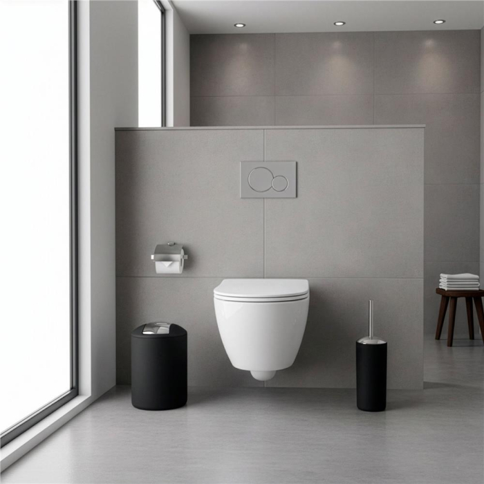 Set accesorii baie, 6 piese din plastic, cu perie WC si cos de gunoi, finisaj mat si lucios, negru argintiu [7]
