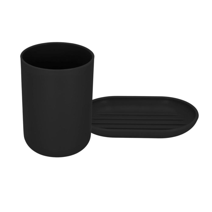 Set accesorii baie, 6 piese din plastic, cu perie WC si cos de gunoi, finisaj mat si lucios, negru argintiu [16]