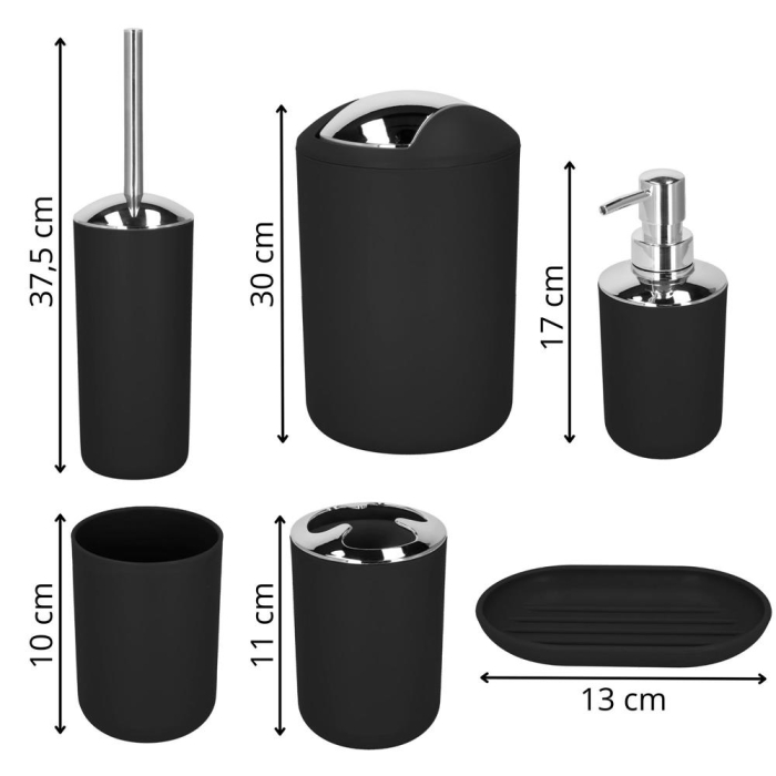 Set accesorii baie, 6 piese din plastic, cu perie WC si cos de gunoi, finisaj mat si lucios, negru argintiu [15]