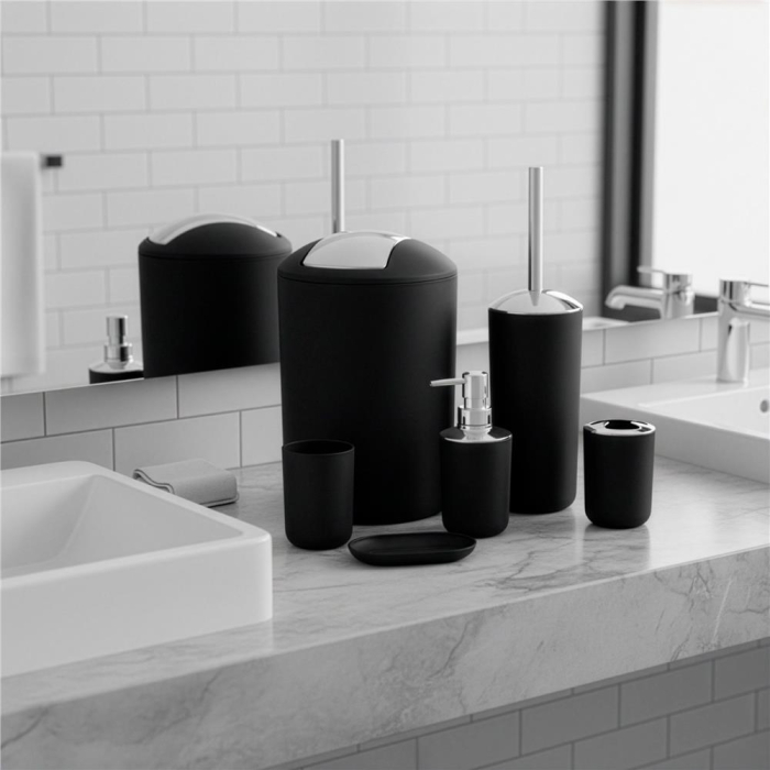 Set accesorii baie, 6 piese din plastic, cu perie WC si cos de gunoi, finisaj mat si lucios, negru argintiu [6]