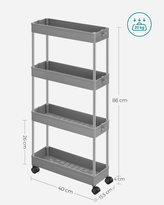 SONGMICS Carucior de depozitare pe roti, pentru bucatarie sau baie, din plastic, cu 4 nivele, 40x13x88cm, gri [5]