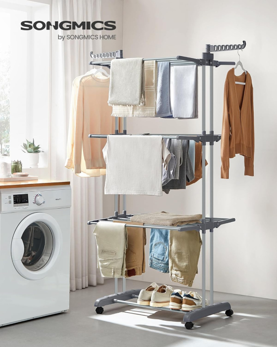 SONGMICS Uscator vertical pentru rufe, mobil si pliabil, cu doua umerase, 64x126x172 cm, sarcina 35kg [3]